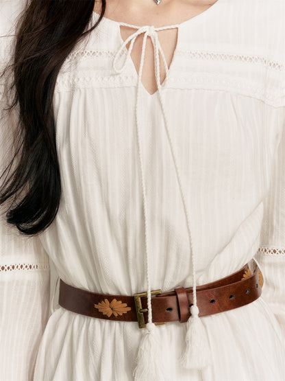 16DEWS 16D25363 Embroidered V-neck lace up dress (with belt)