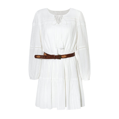 16DEWS 16D25363 Embroidered V-neck lace up dress (with belt)