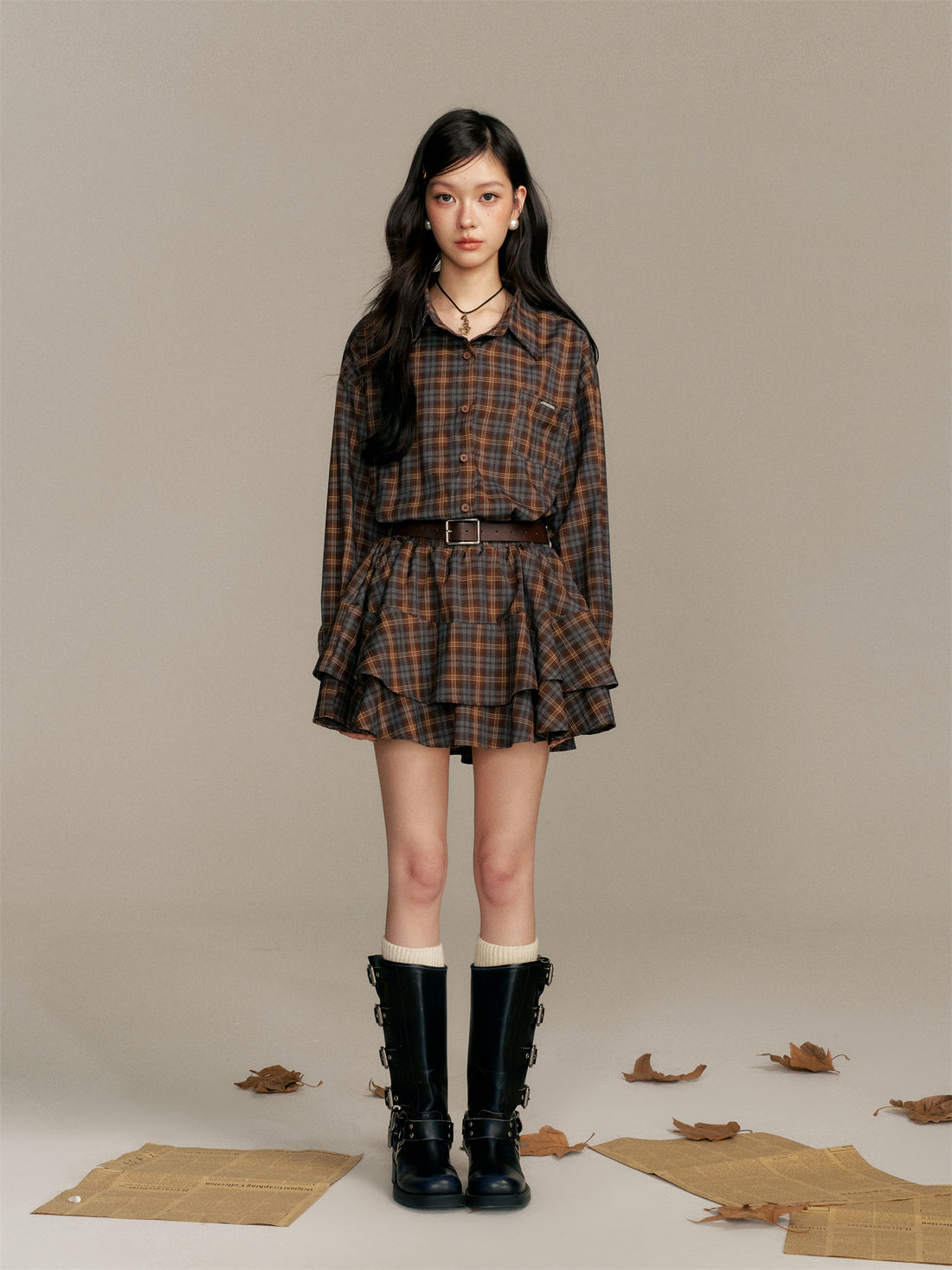 16DEWS 16D25366 Checkered shirt flower bud dress (with belt)