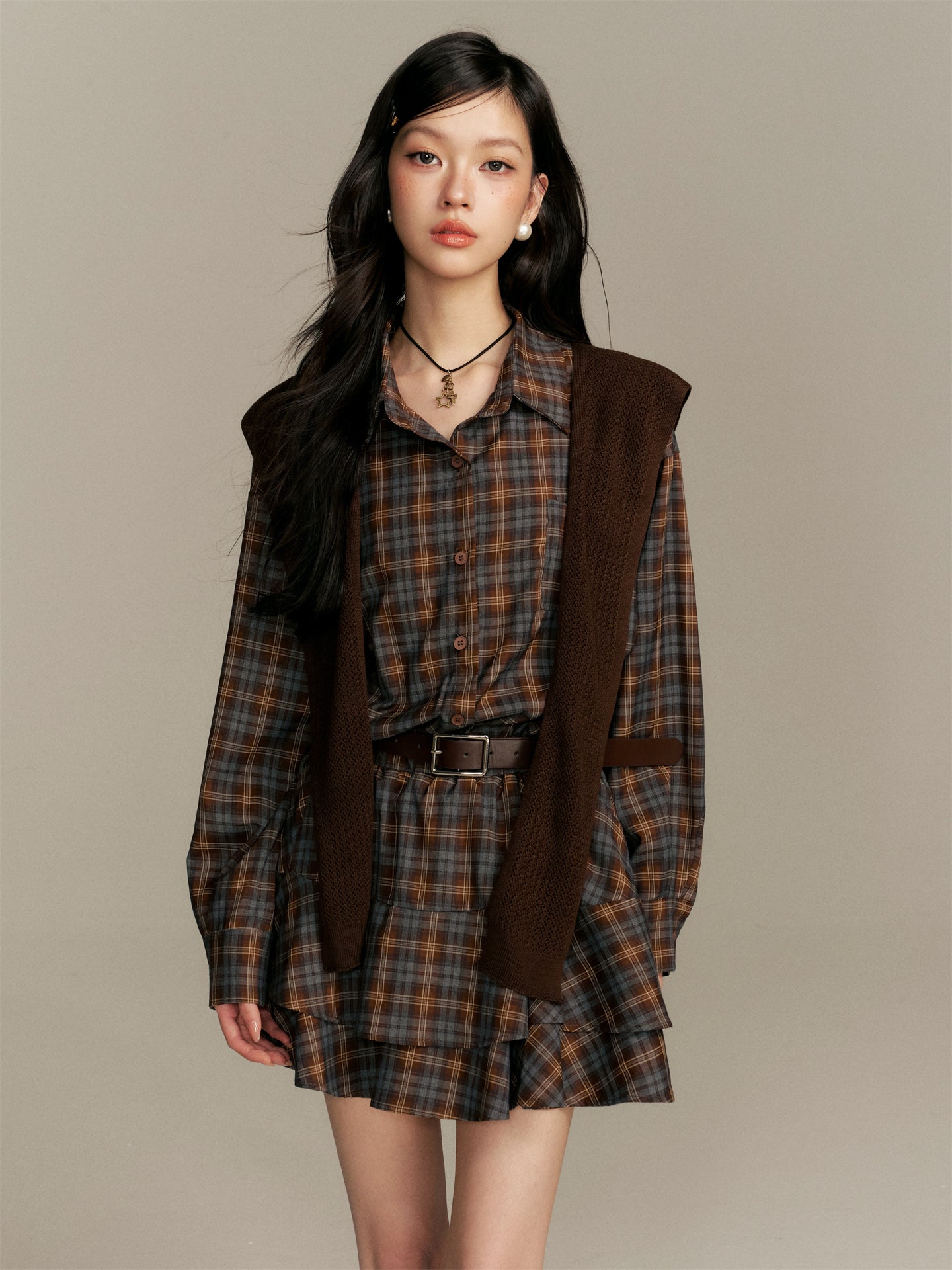 16DEWS 16D25366 Checkered shirt flower bud dress (with belt)