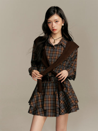 16DEWS 16D25366 Checkered shirt flower bud dress (with belt)