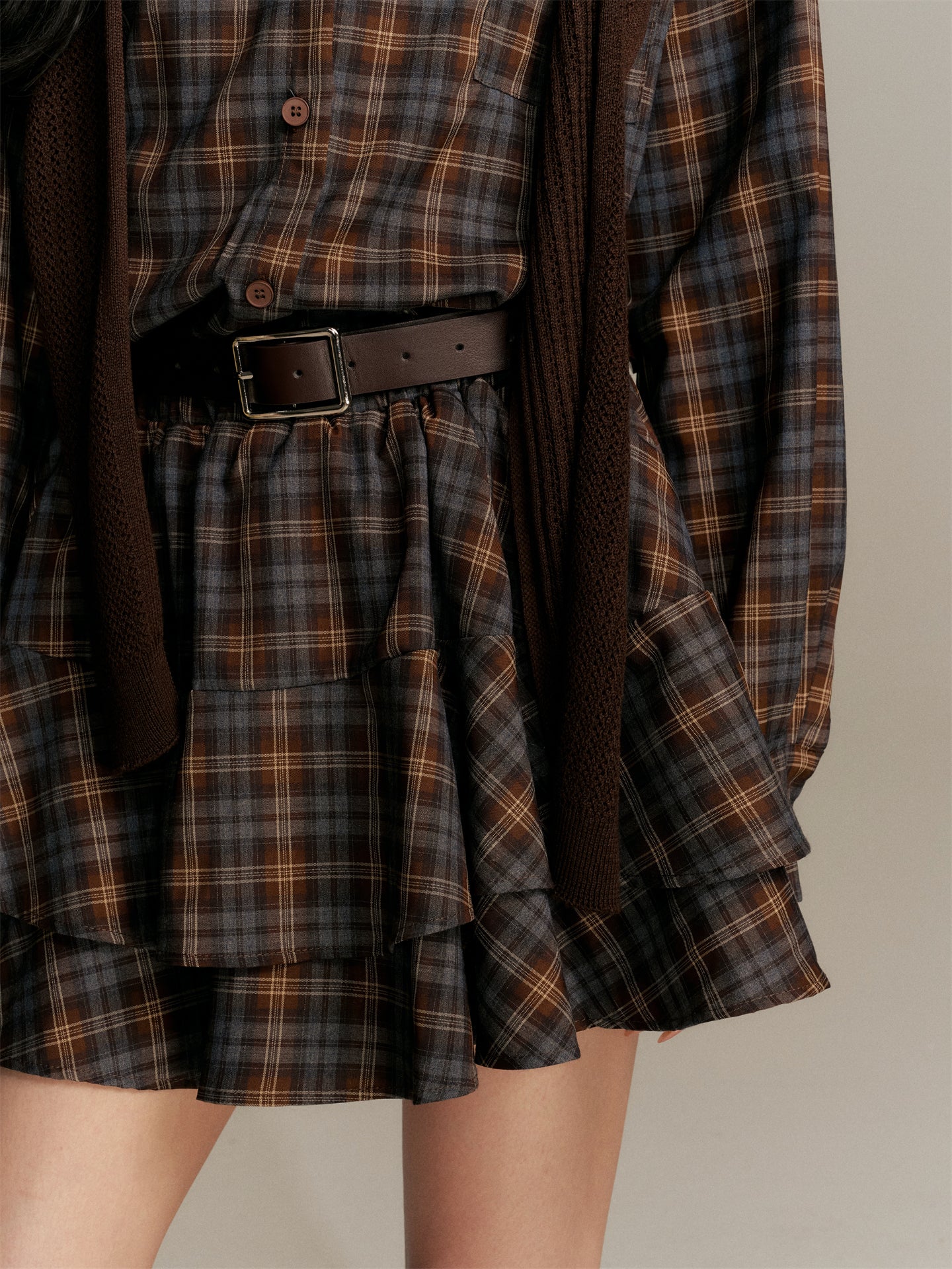 16DEWS 16D25366 Checkered shirt flower bud dress (with belt)