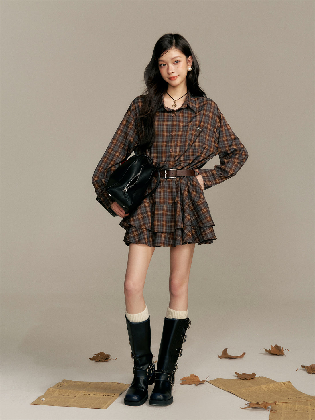 16DEWS 16D25366 Checkered shirt flower bud dress (with belt)