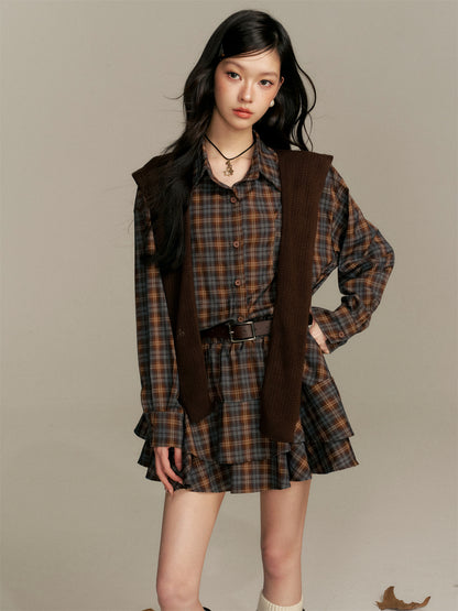 16DEWS 16D25366 Checkered shirt flower bud dress (with belt)