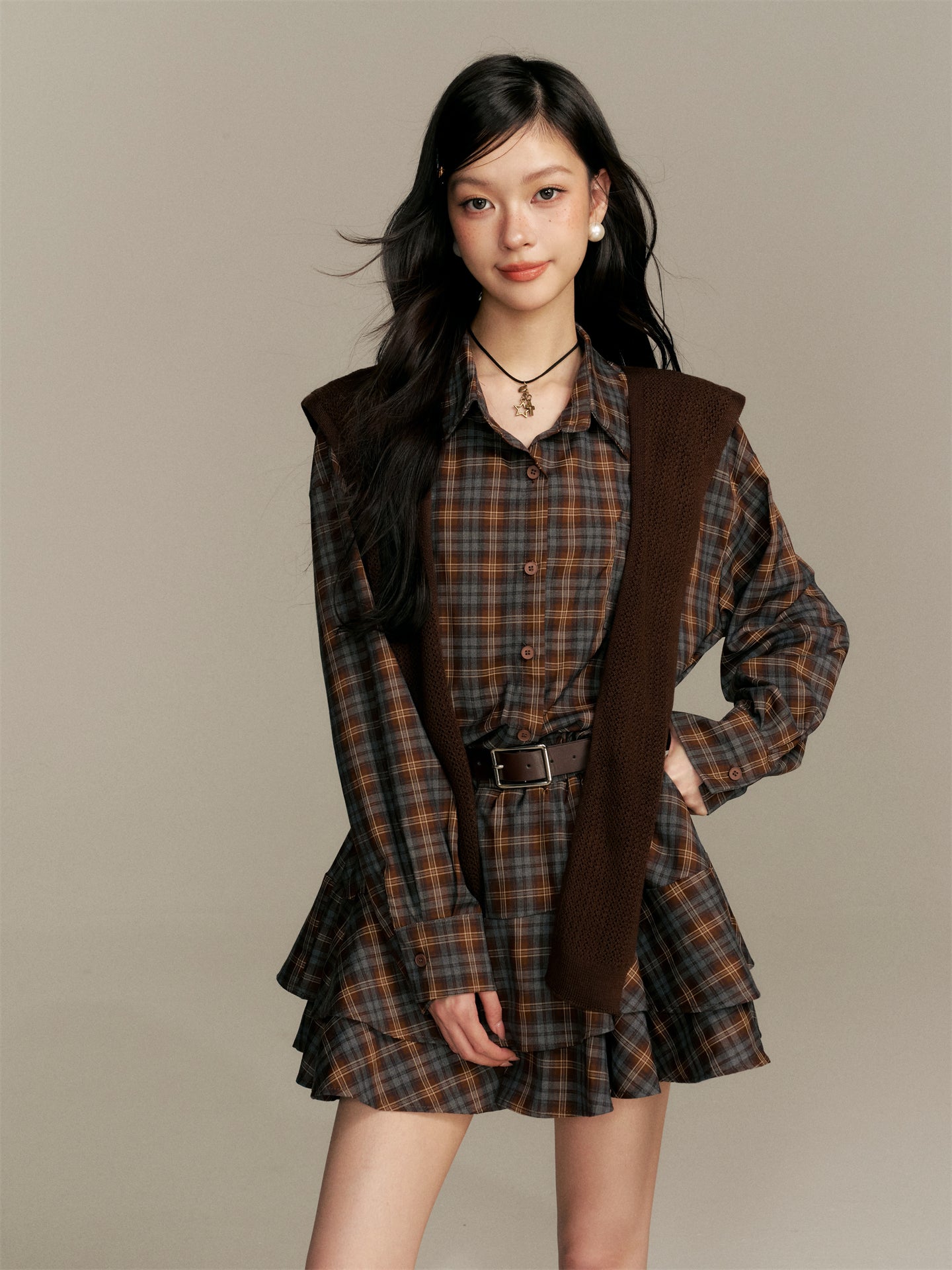 16DEWS 16D25366 Checkered shirt flower bud dress (with belt)