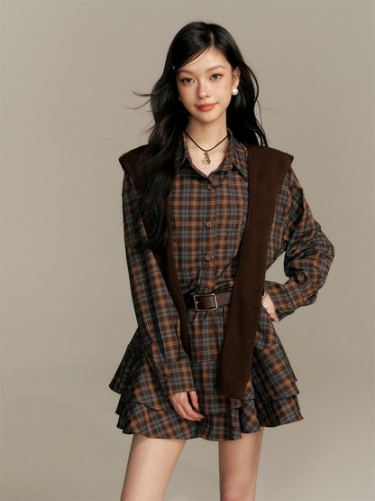 16DEWS 16D25366 Checkered shirt flower bud dress (with belt)