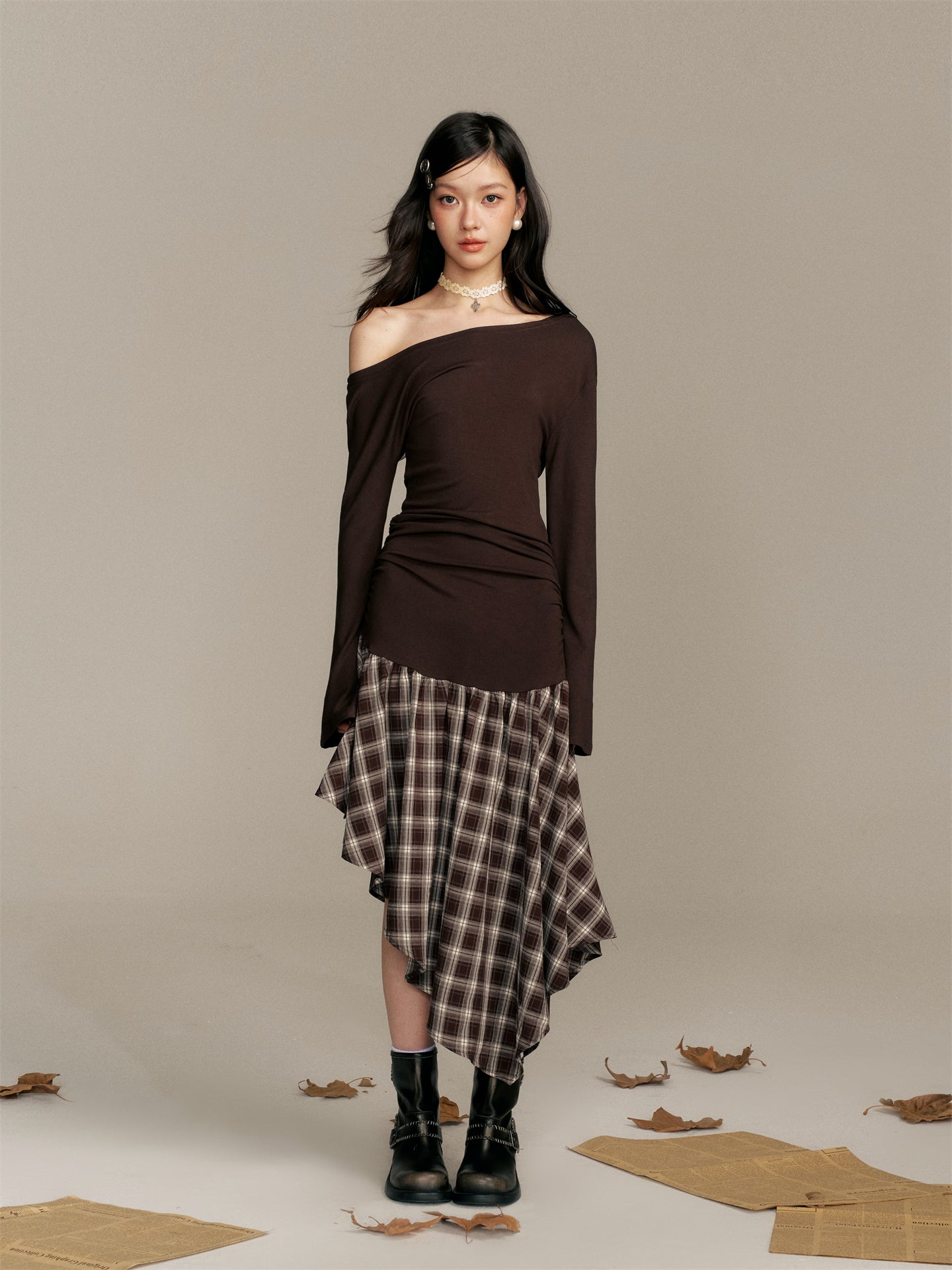16DEWS 16D25369 Color blocking plaid spliced waist cinching dress