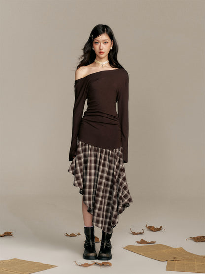 16DEWS 16D25369 Color blocking plaid spliced waist cinching dress