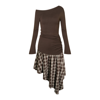 16DEWS 16D25369 Color blocking plaid spliced waist cinching dress