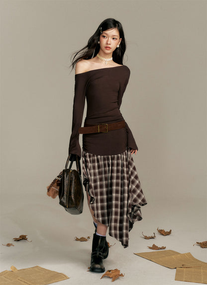 16DEWS 16D25369 Color blocking plaid spliced waist cinching dress
