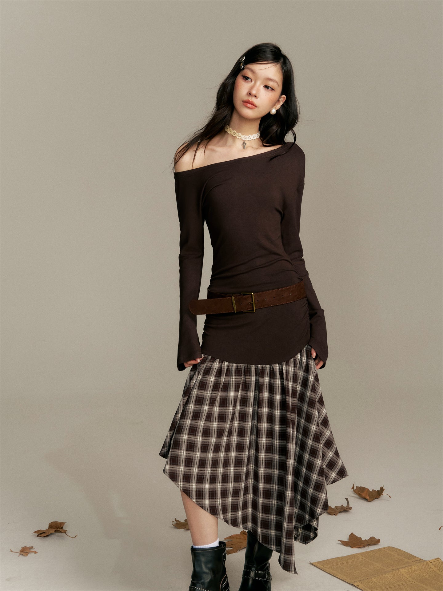 16DEWS 16D25369 Color blocking plaid spliced waist cinching dress
