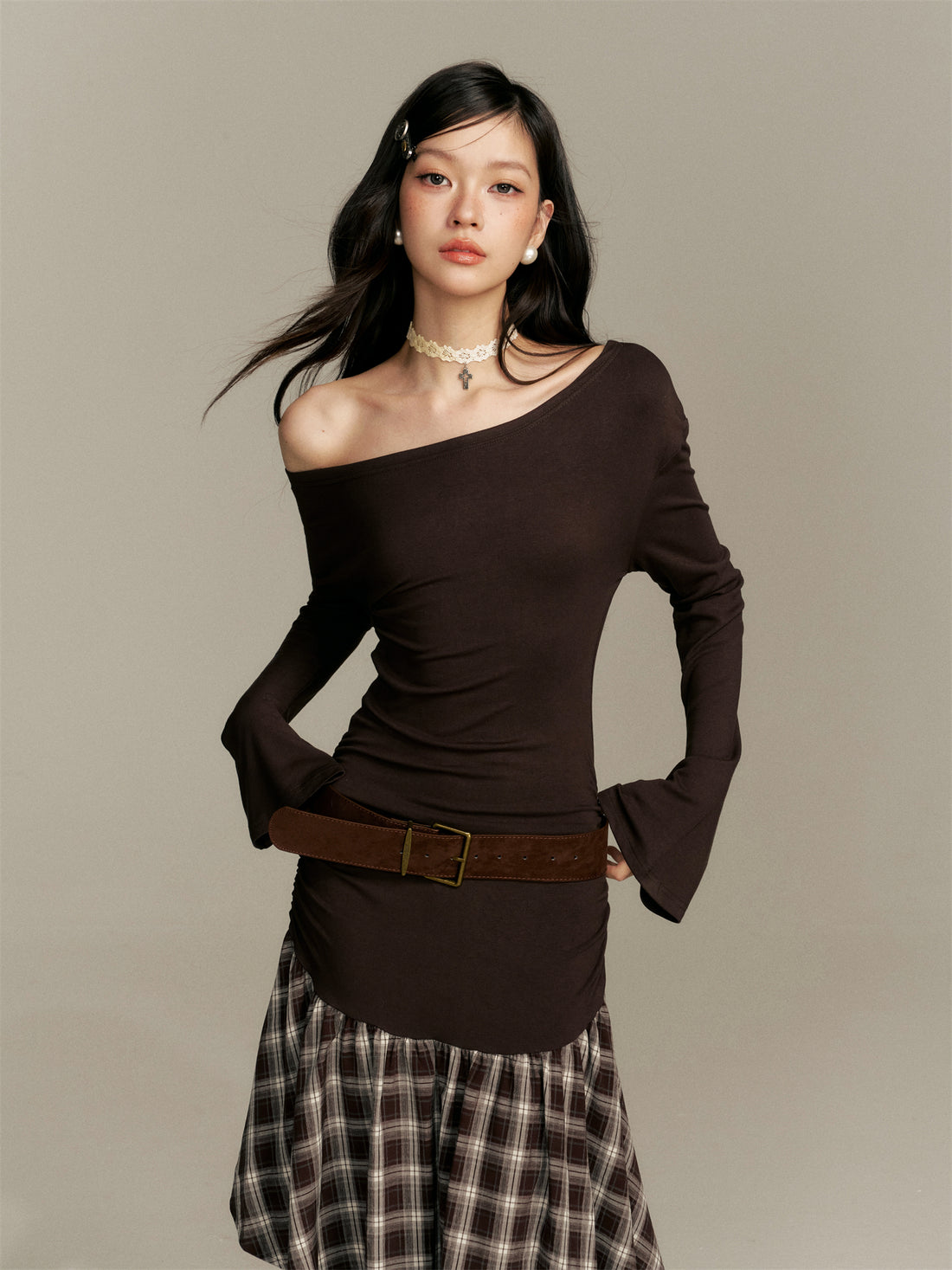 16DEWS 16D25369 Color blocking plaid spliced waist cinching dress