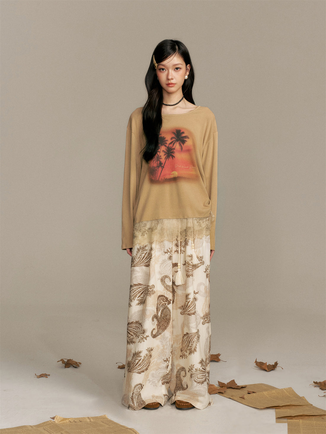 16DEWS 16D25375&amp;16D25375 Sunset printed patchwork lace T-shirt + pants set