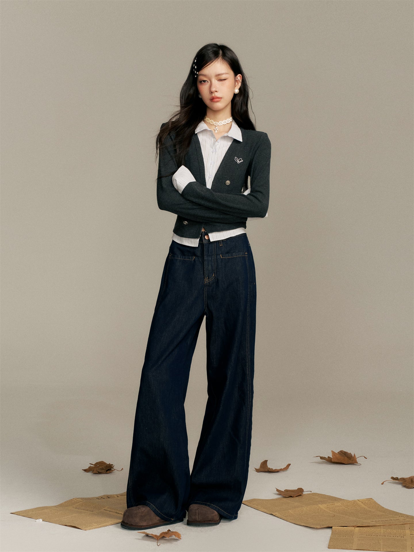 16DEWS 16D25376 Color blocking splicing fake two-piece slim fit top