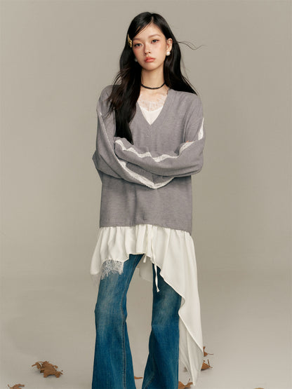 16DEWS 16D25377 Fake two piece irregular V-nec hoodie