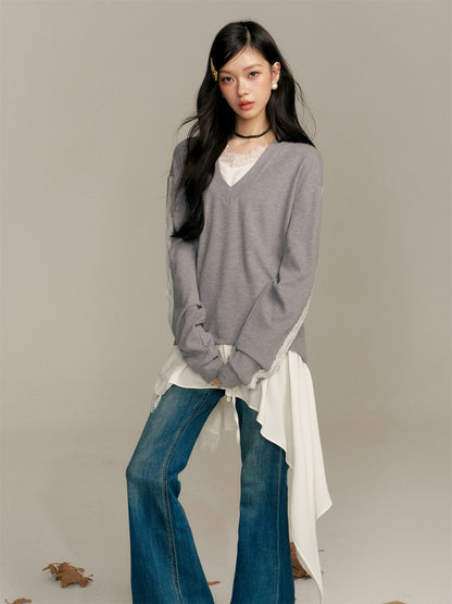 16DEWS 16D25377 Fake two piece irregular V-nec hoodie