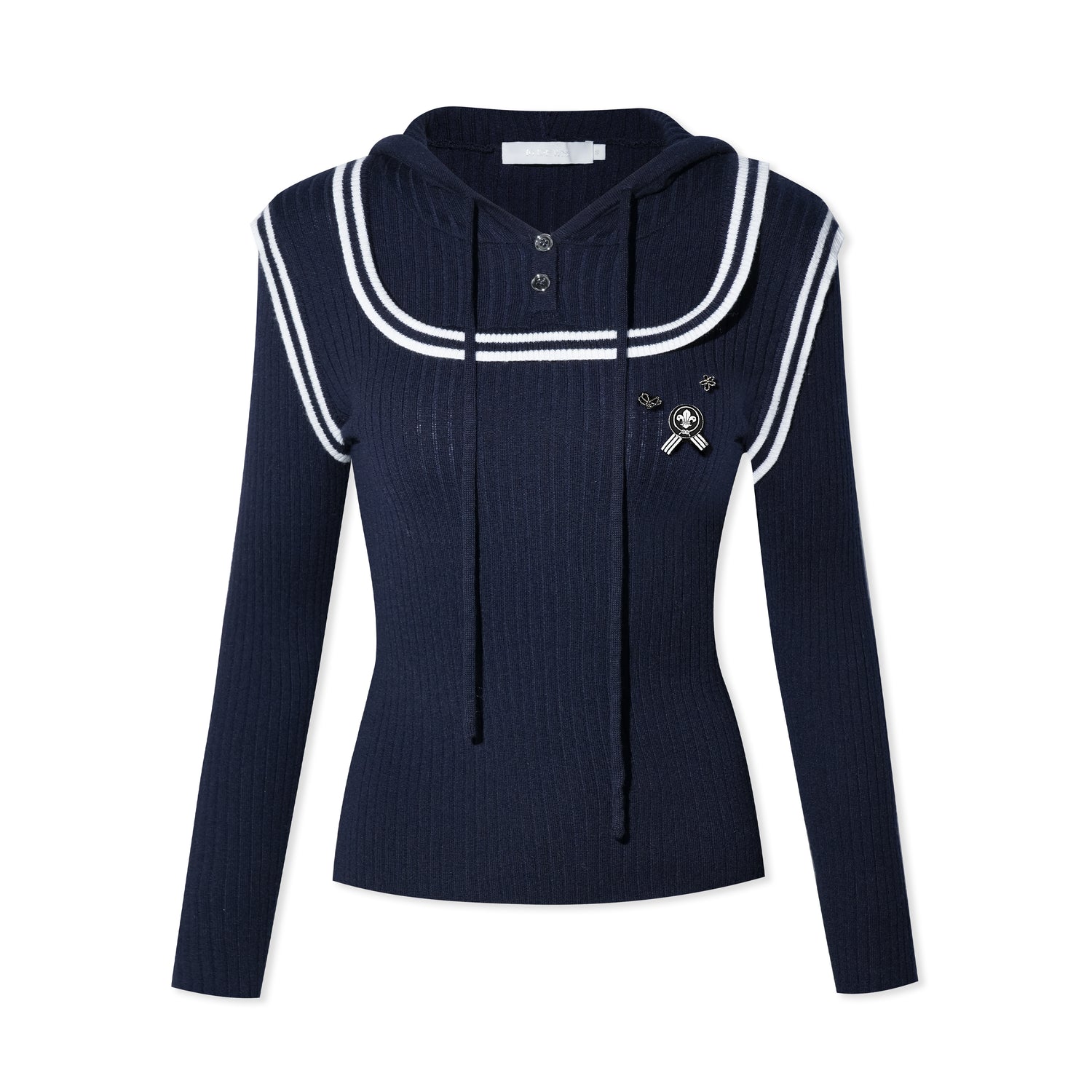 16DEWS 16D25410 Brooch design contrasting hooded knit sweater