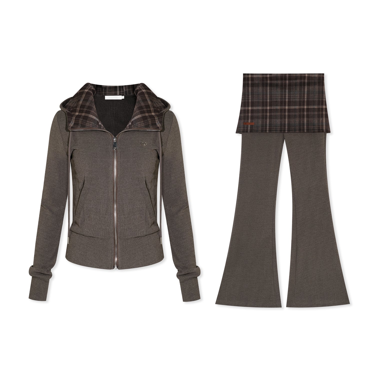 16DEWS 16D25427&amp;16D25428 Plaid hooded slim fit hoodie + pants set