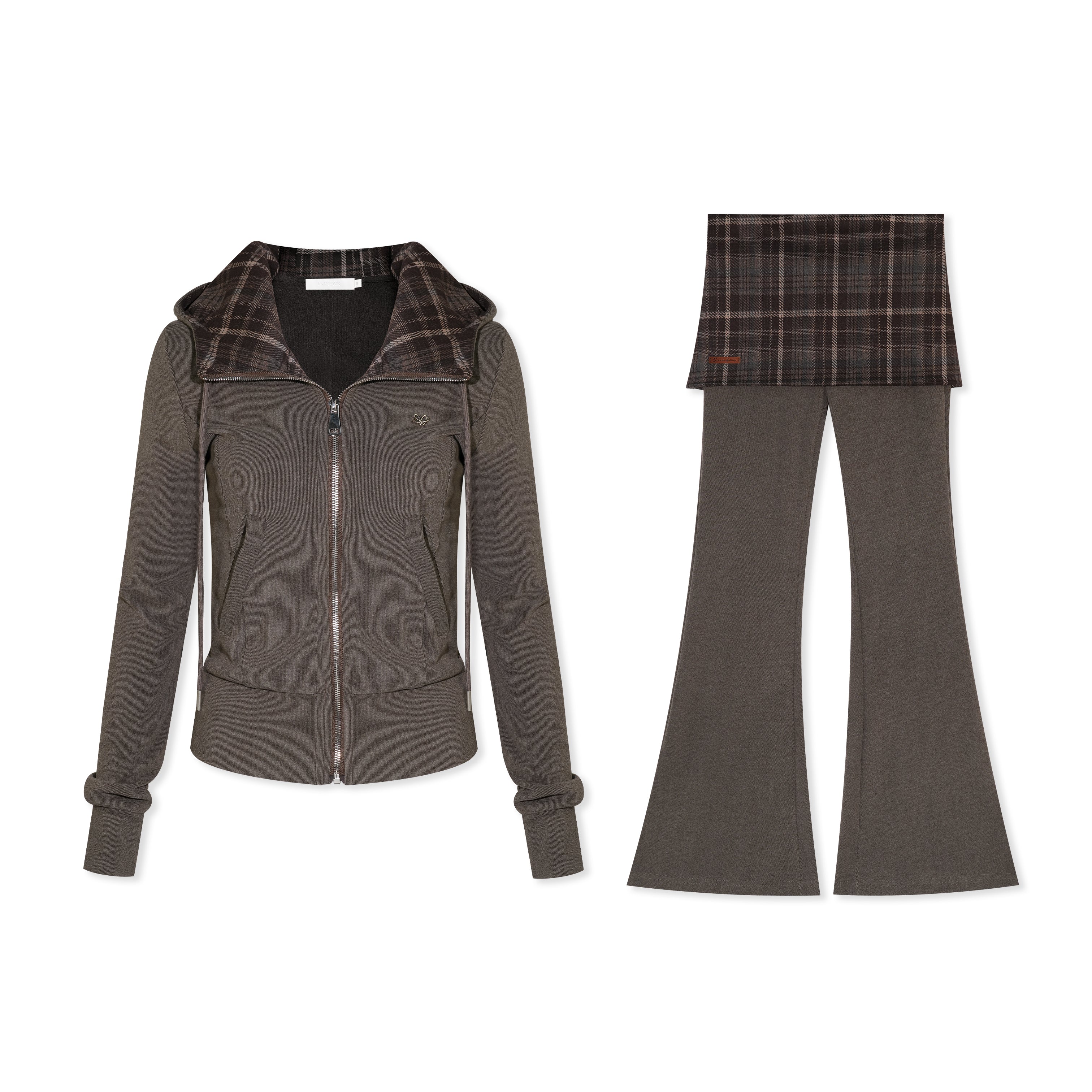 16DEWS 16D25427&amp;16D25428 Plaid hooded slim fit hoodie + pants set