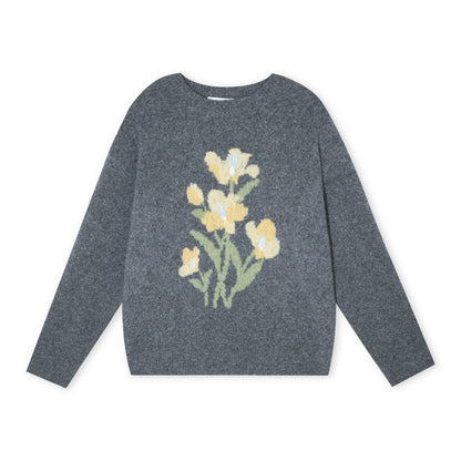 16DEWS 16D25452 3D jacquard contrasting floral pullover sweater