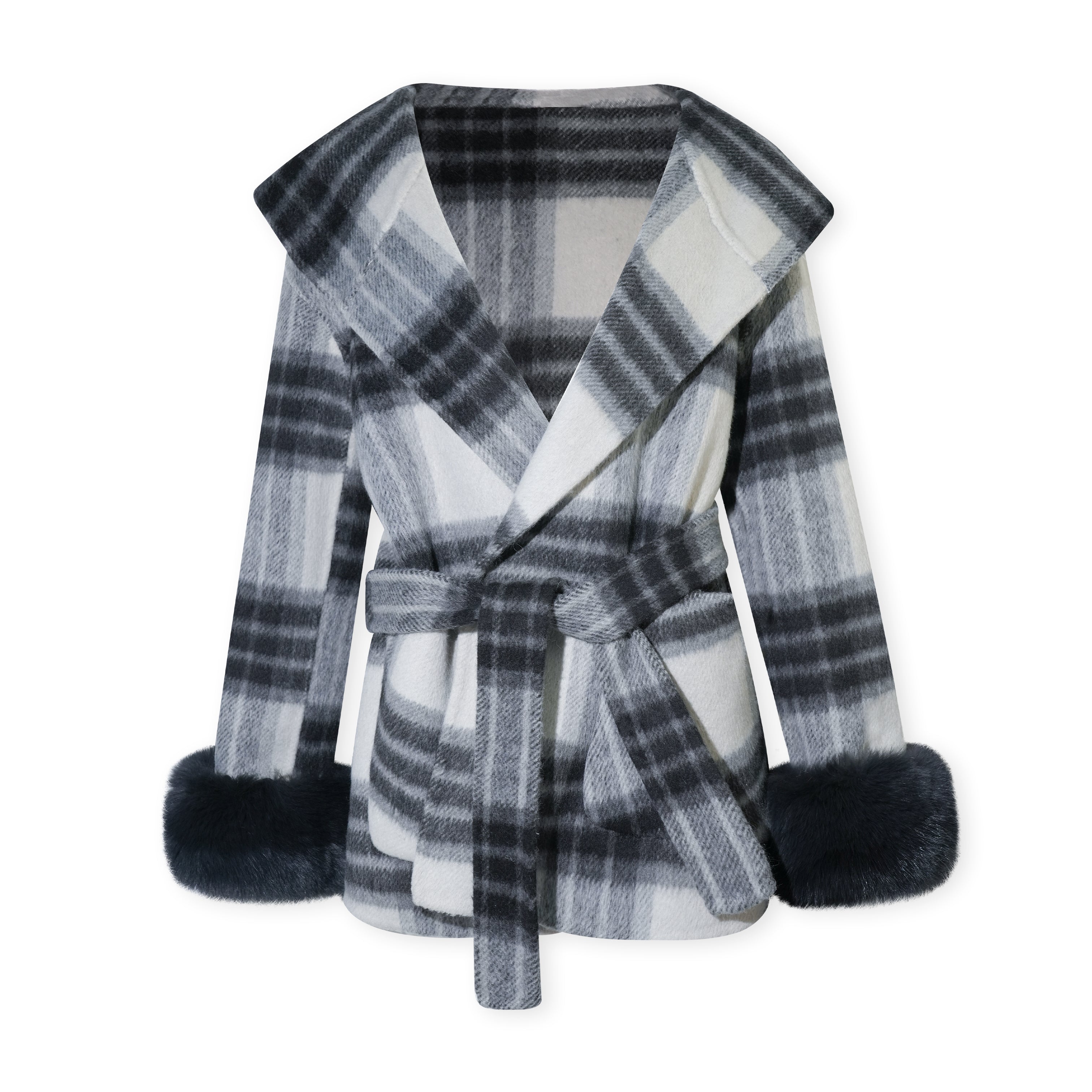 16DEWS 16D25456 Plaid hooded double-sided wool coat