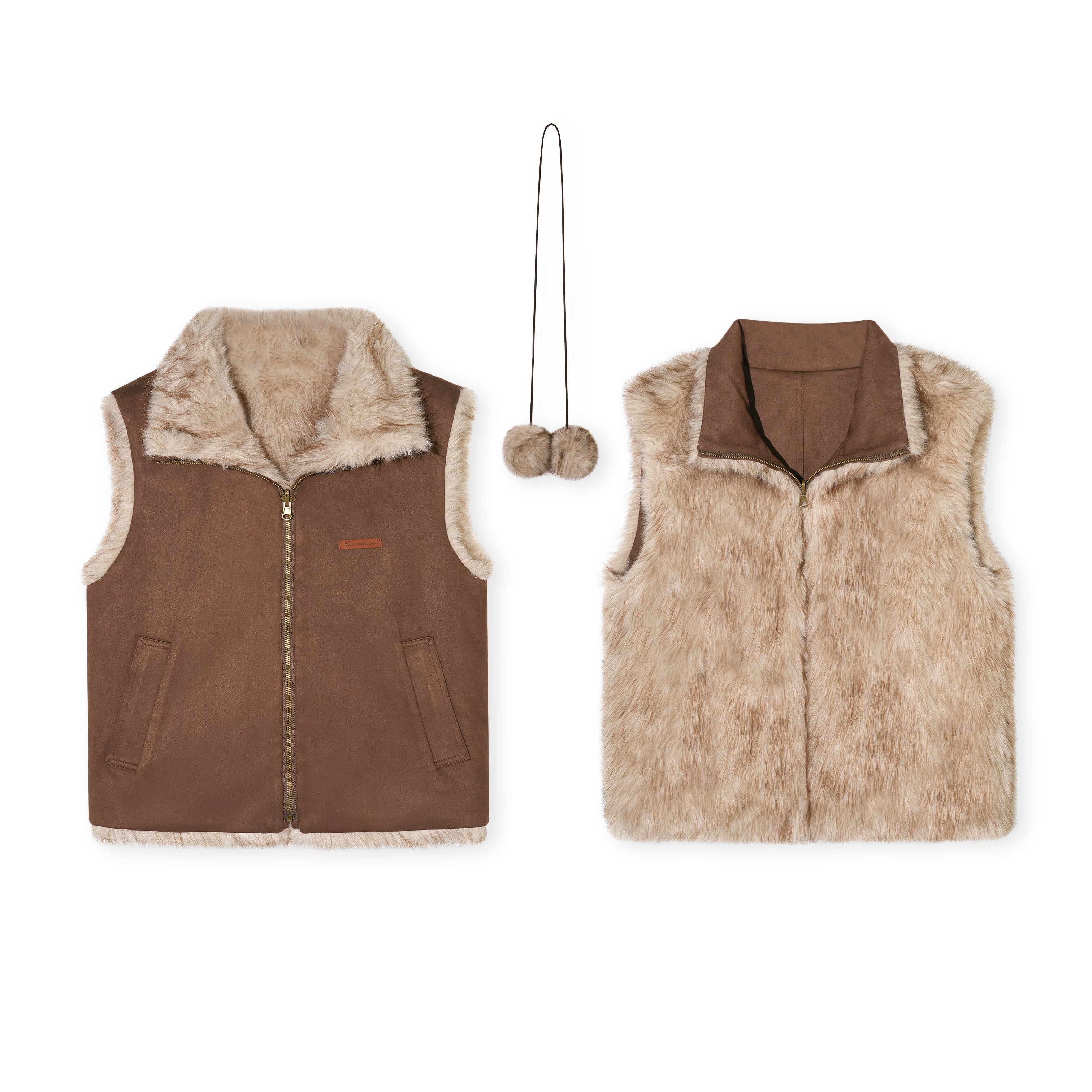 16DEWS 16D25459 Double sided gradient faux fur vest (with detachable fur ball)