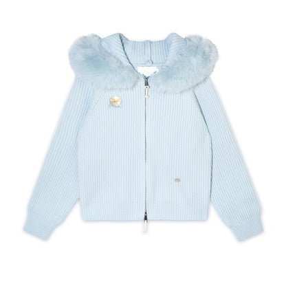 16DEWS 16D25465 Woolen collar hooded knitted jacket