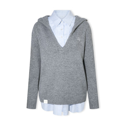 16DEWS 16D25486 Shirt splicing hooded knitted sweater