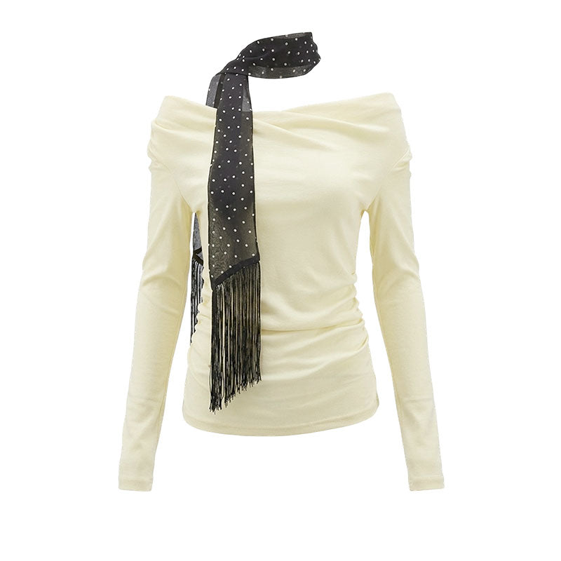 16DEWS 16D26080 Polka dot ribbon pleated collar cinched top