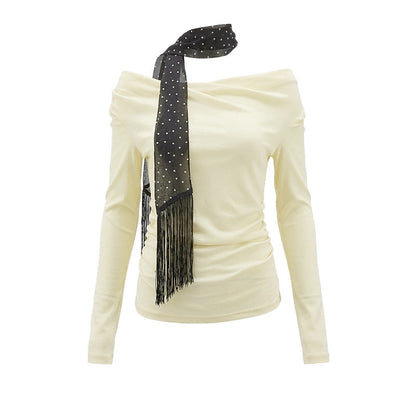 16DEWS 16D26080 Polka dot ribbon pleated collar cinched top