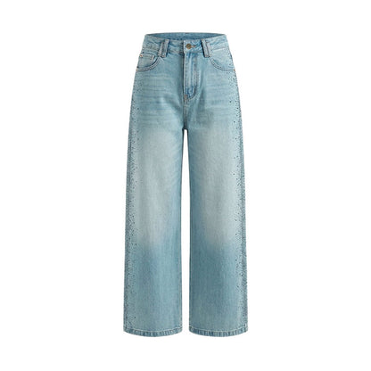 16DEWS 16D26082 Side rhinestone high waisted straight leg jeans