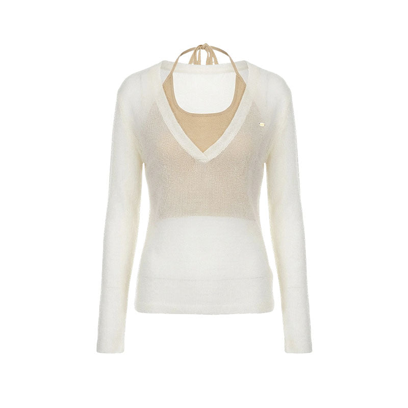 16DEWS 16D26097&amp;16D26098 V-neck wool mohair knitted sweater two-piece set + pants