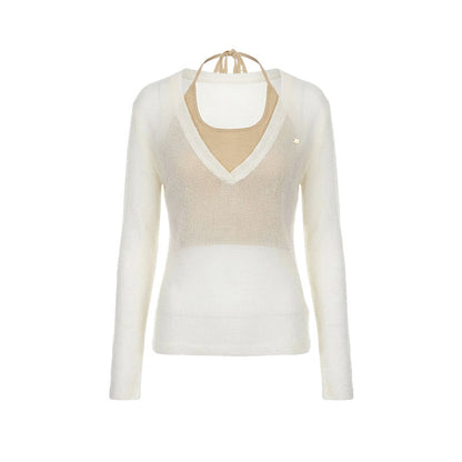 16DEWS 16D26097&amp;16D26098 V-neck wool mohair knitted sweater two-piece set + pants