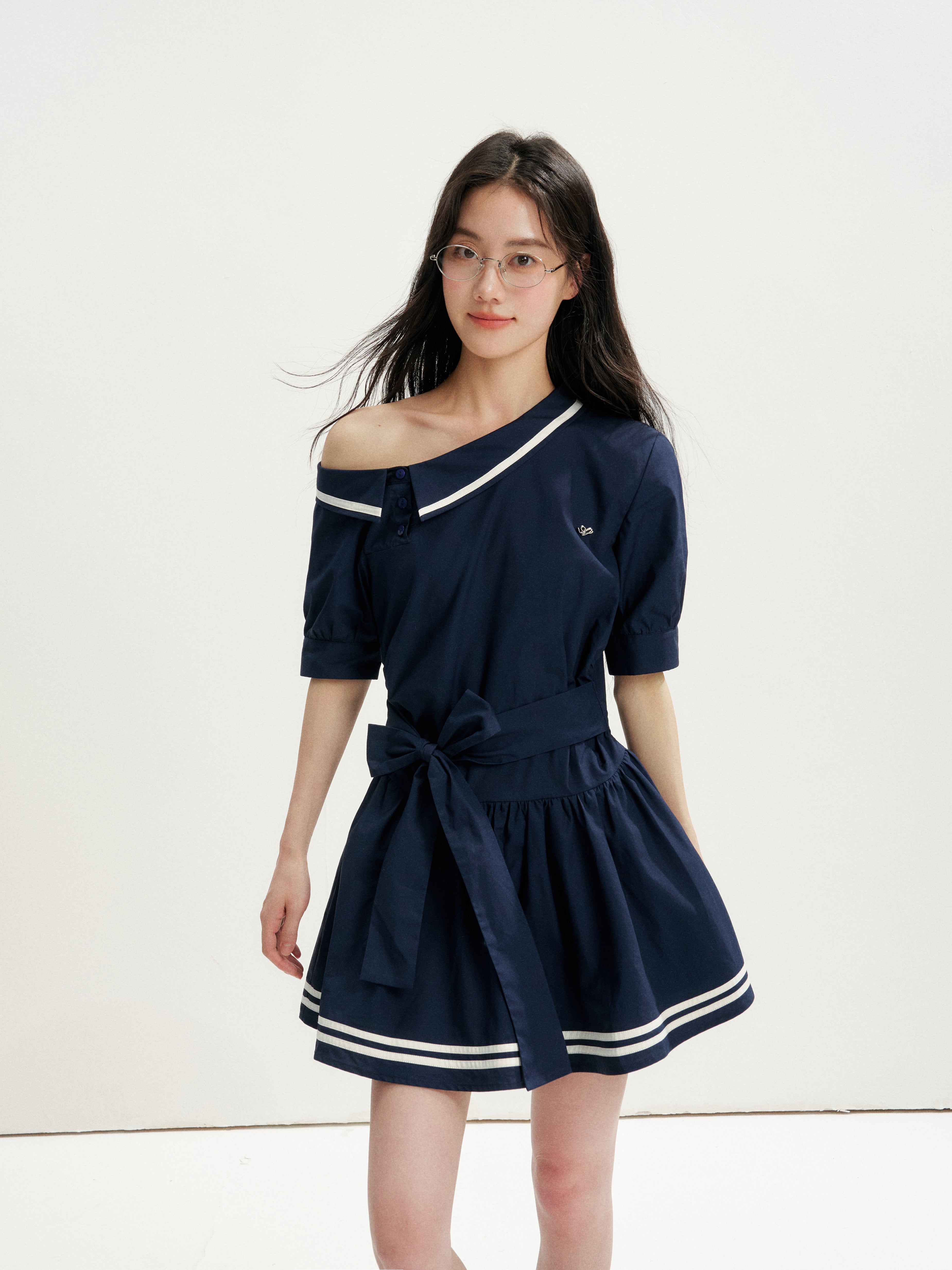 16DEWS 16D26197 Preppy Off-Shoulder Tie-Waist A-Line Dress