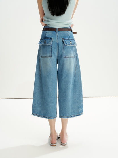 16DEWS 16D26219 Washed Vintage Blue High-Waisted Wide-Leg Cropped Jeans