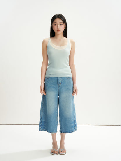 16DEWS 16D26219 Washed Vintage Blue High-Waisted Wide-Leg Cropped Jeans