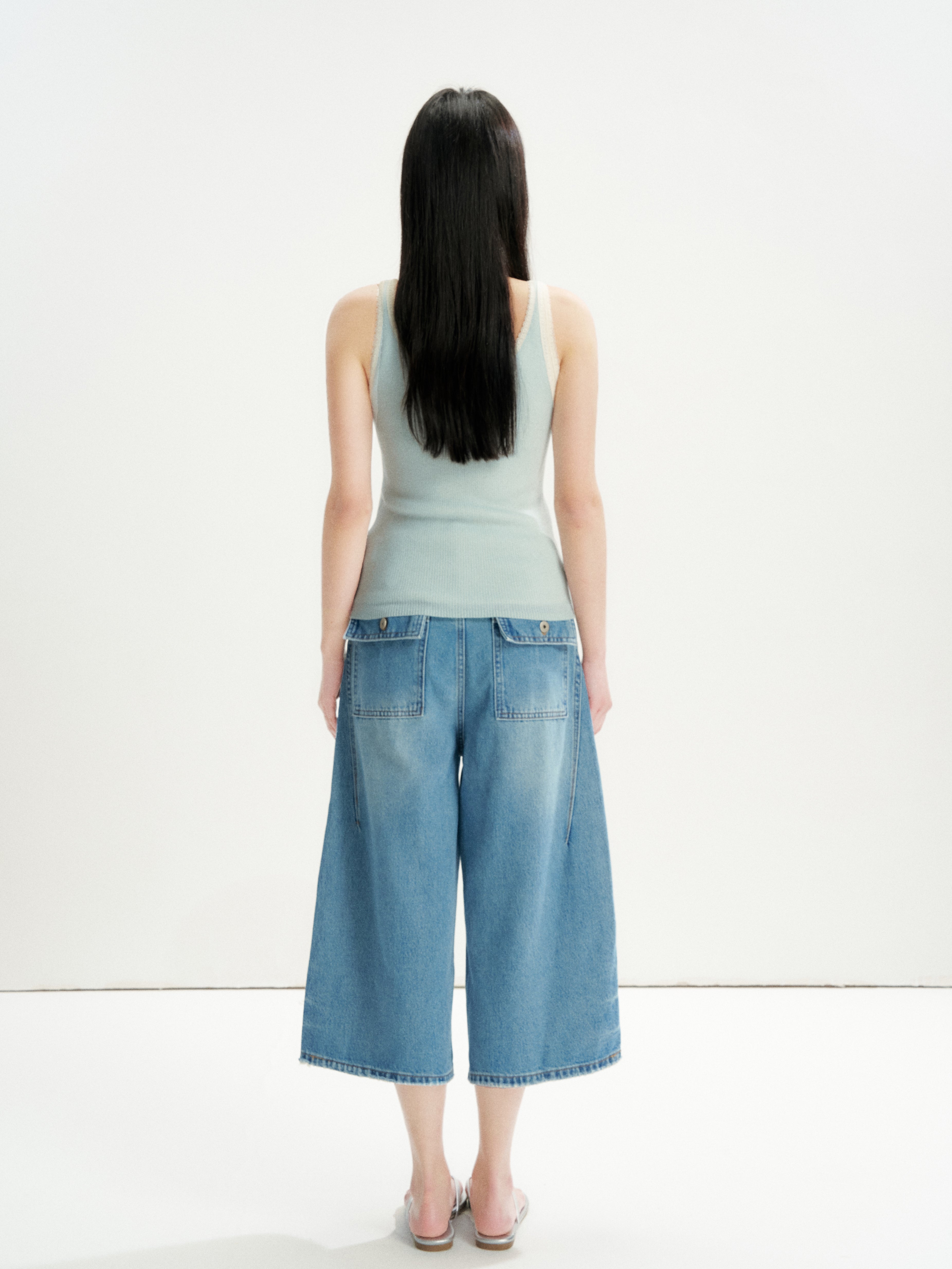 16DEWS 16D26219 Washed Vintage Blue High-Waisted Wide-Leg Cropped Jeans
