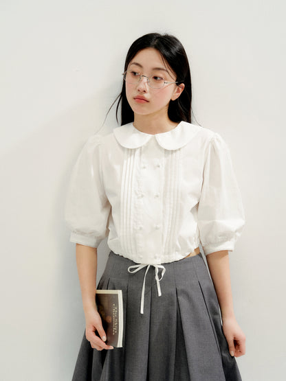 16DEWS 16D26233 Tie-Hem Peter Pan Collar Tuck Pleat Puff Sleeve Cropped Shirt