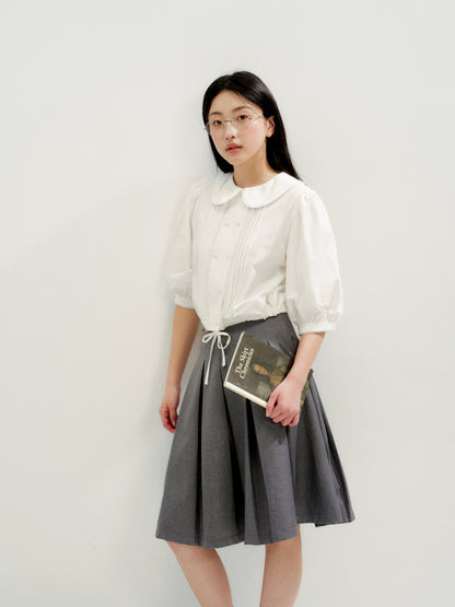 16DEWS 16D26233 Tie-Hem Peter Pan Collar Tuck Pleat Puff Sleeve Cropped Shirt