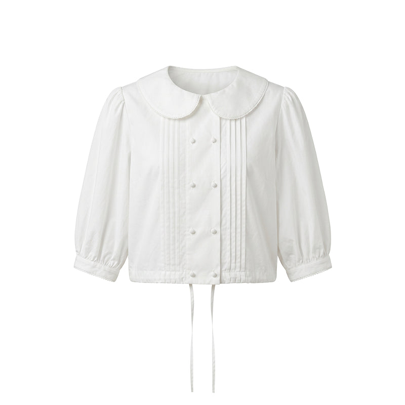 16DEWS 16D26233 Tie-Hem Peter Pan Collar Tuck Pleat Puff Sleeve Cropped Shirt