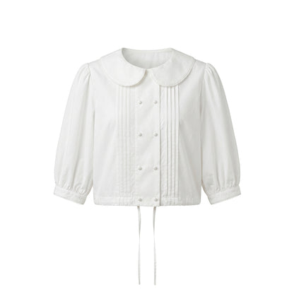 16DEWS 16D26233 Tie-Hem Peter Pan Collar Tuck Pleat Puff Sleeve Cropped Shirt