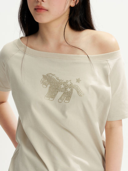 16DEWS 16D26234 Playful Hot-Fix Rhinestone Star Pony Asymmetric Short-Sleeve T-Shirt +Jeans