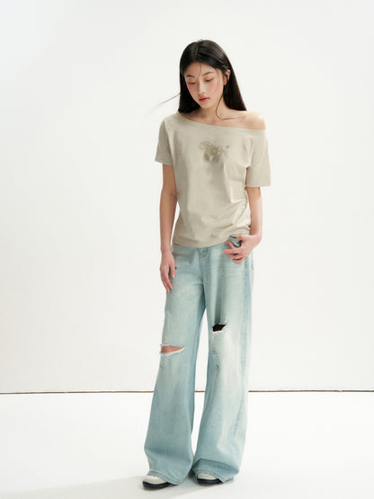 16DEWS 16D26234 Playful Hot-Fix Rhinestone Star Pony Asymmetric Short-Sleeve T-Shirt +Jeans