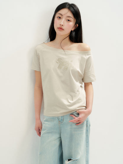 16DEWS 16D26234 Playful Hot-Fix Rhinestone Star Pony Asymmetric Short-Sleeve T-Shirt +Jeans
