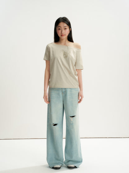 16DEWS 16D26234 Playful Hot-Fix Rhinestone Star Pony Asymmetric Short-Sleeve T-Shirt +Jeans