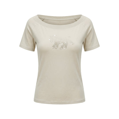 16DEWS 16D26234 Playful Hot-Fix Rhinestone Star Pony Asymmetric Short-Sleeve T-Shirt +Jeans