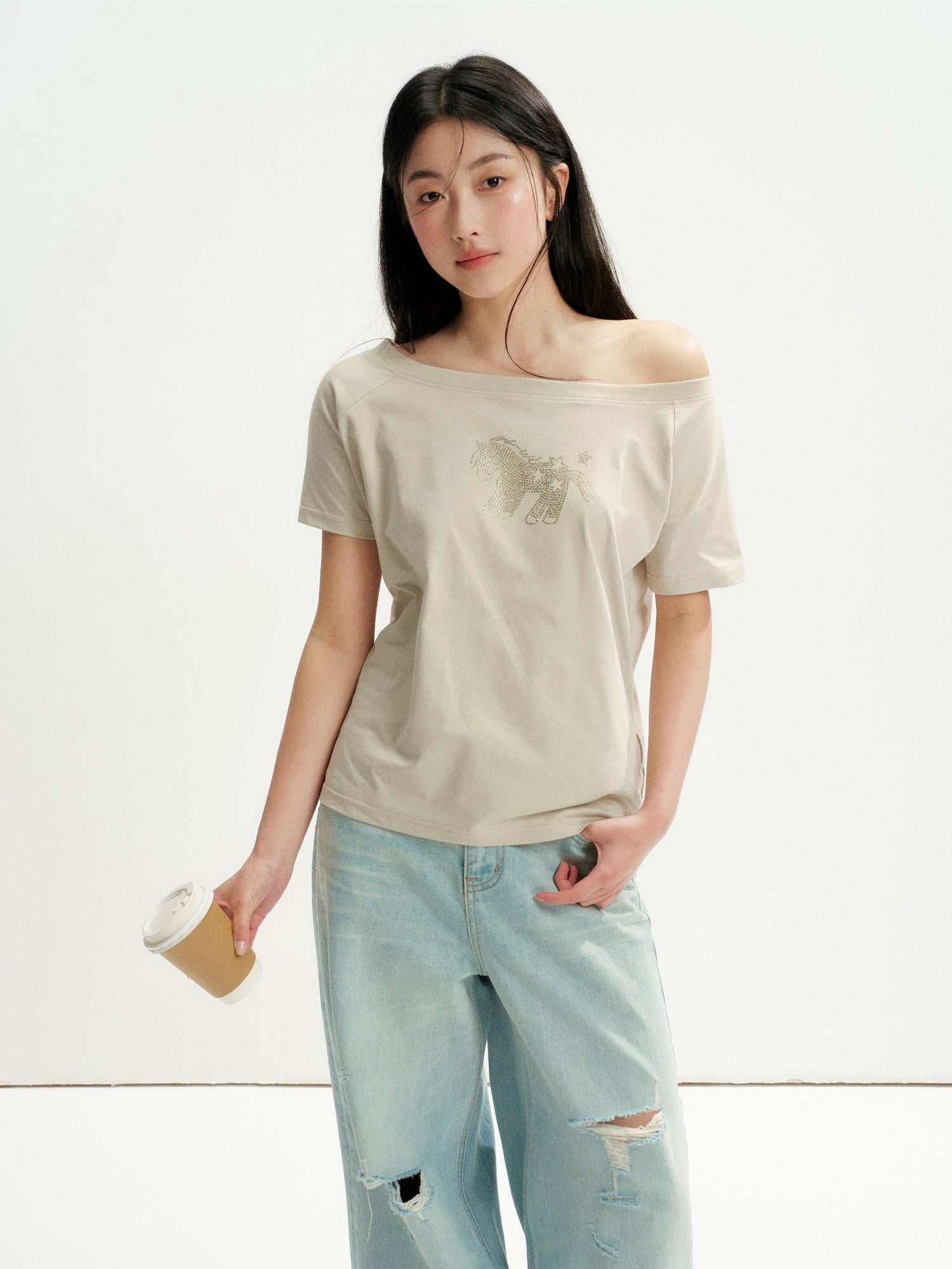 16DEWS 16D26236 Washed Light Blue Vintage Ripped Wide-Leg Jeans