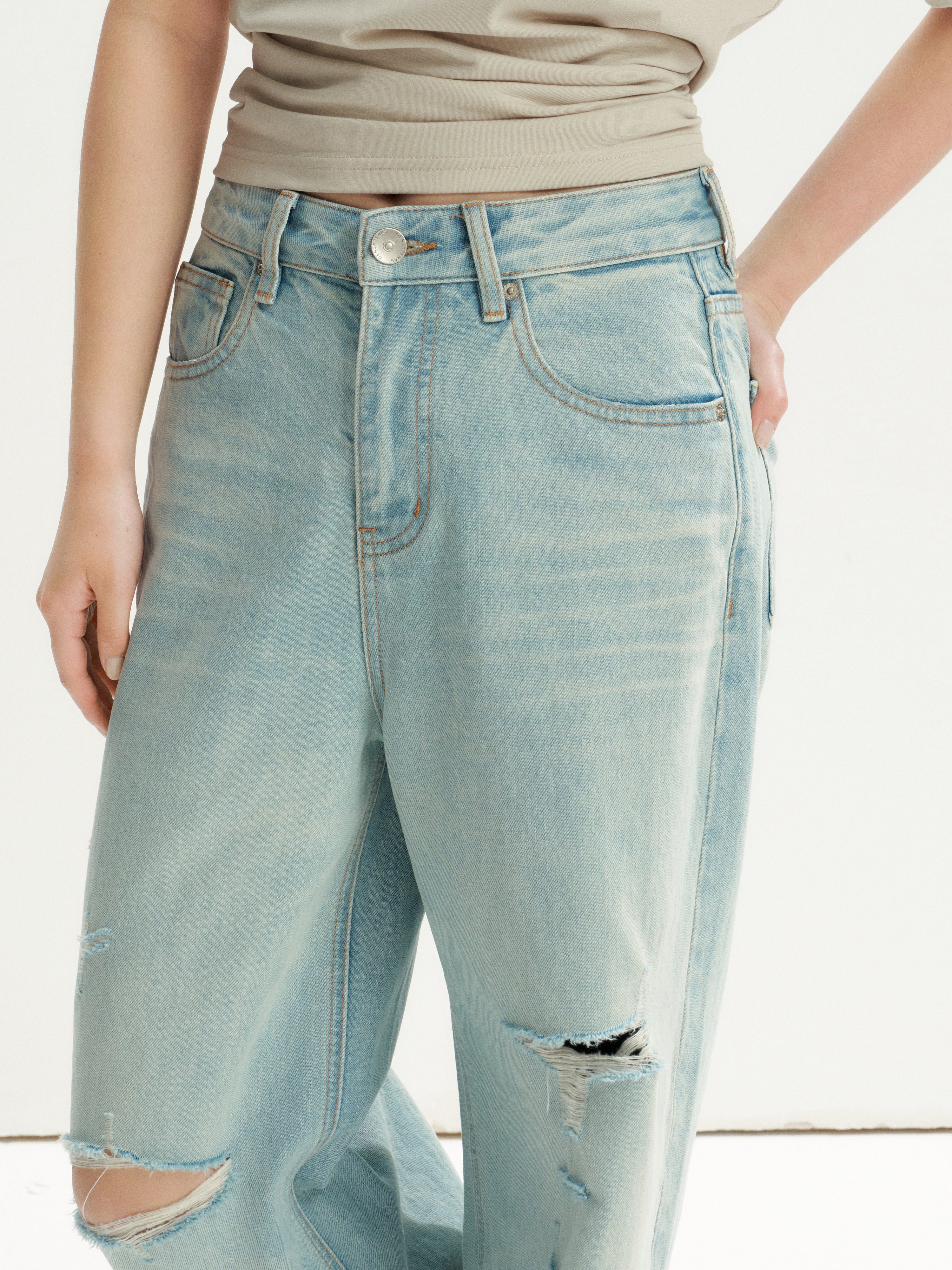 16DEWS 16D26236 Washed Light Blue Vintage Ripped Wide-Leg Jeans