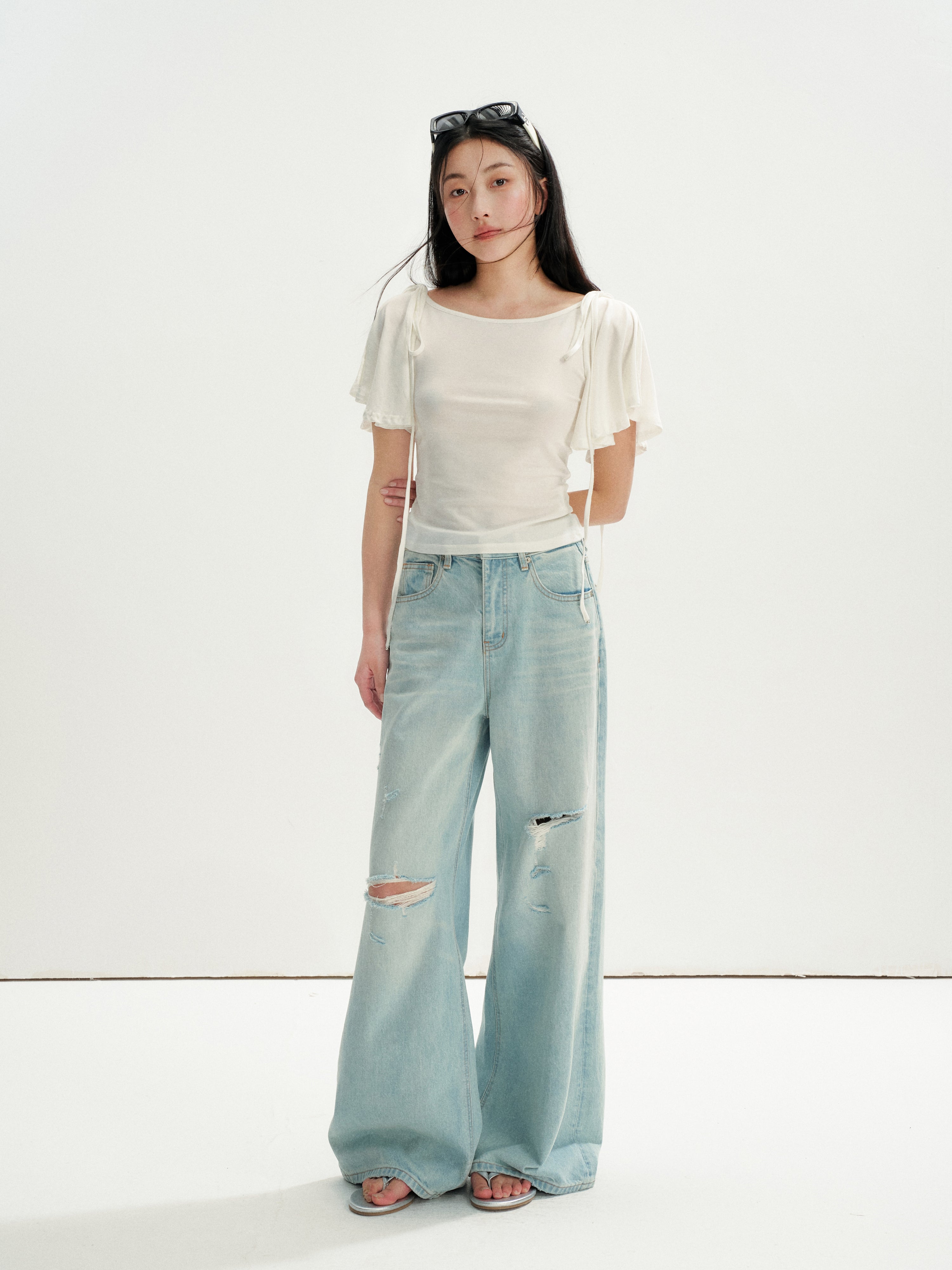 16DEWS 16D26236 Washed Light Blue Vintage Ripped Wide-Leg Jeans