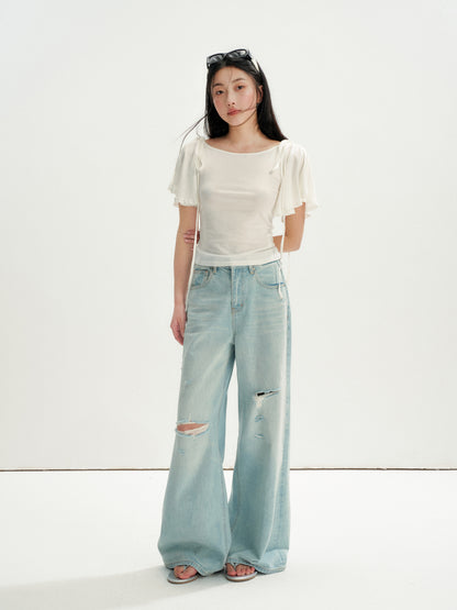 16DEWS 16D26236 Washed Light Blue Vintage Ripped Wide-Leg Jeans